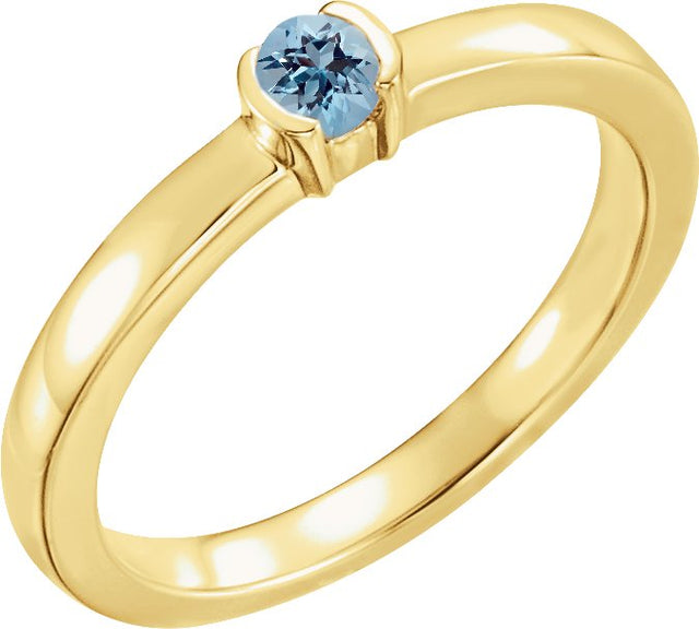 14K Gold Round Natural Blue Zircon Half-Bezel Family Stackable Ring - Yellow Gold