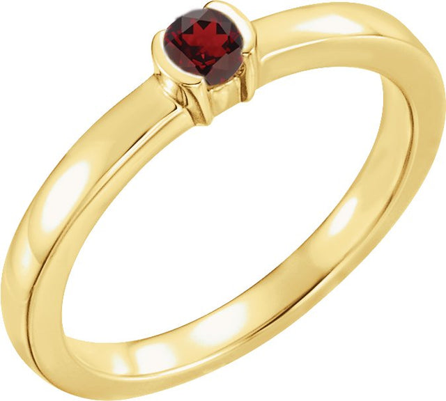 14K Gold Round Natural Mozambique Garnet Half-Bezel Family Stackable Ring - Yellow Gold
