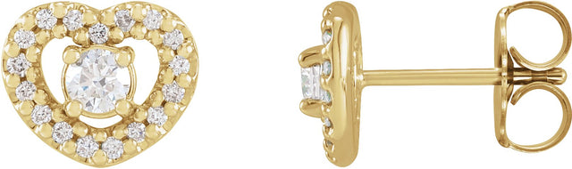 14K Gold Round Natural Diamond Halo-Style Heart Earrings - Yellow Gold
