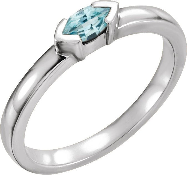 14K Gold Emerald Natural Blue Zircon Half-Bezel Family Stackable Ring - White Gold