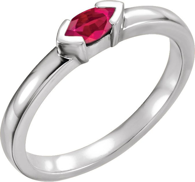 14K Gold Emerald Lab-Grown Ruby Half-Bezel Family Stackable Ring - White Gold