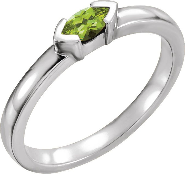 14K Gold Emerald Natural Peridot Half-Bezel Family Stackable Ring - White Gold