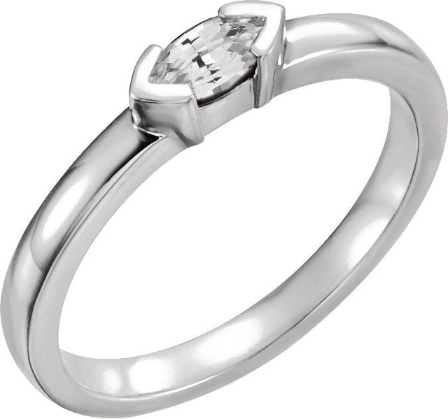 14K Gold Marquise Natural White Sapphire Half-Bezel Family Stackable Ring - White Gold