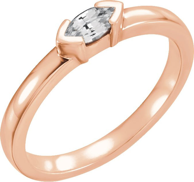 14K Gold Marquise Natural White Sapphire Half-Bezel Family Stackable Ring - Rose Gold