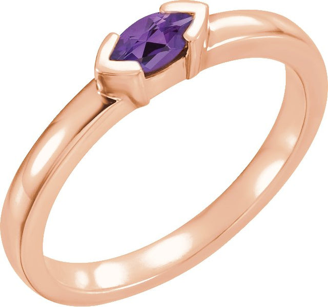 14K Gold Emerald Natural Amethyst Half-Bezel Family Stackable Ring - Rose Gold