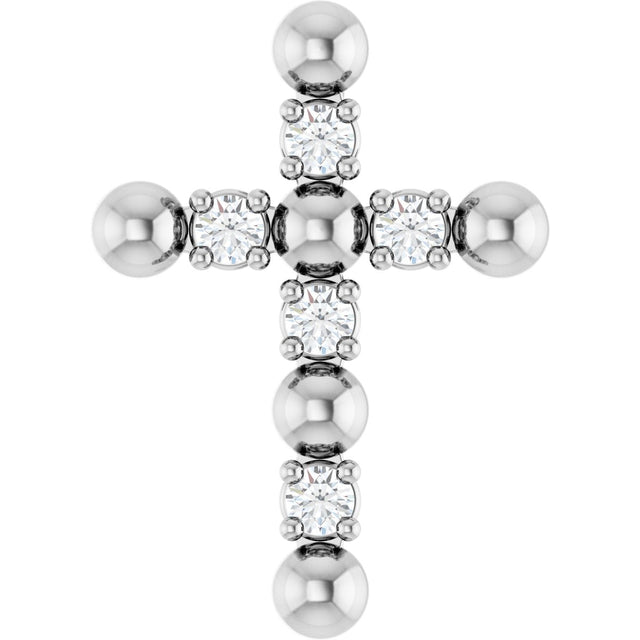 14K Gold Round Natural Diamond Beaded Cross Necklace or Pendant - White Gold