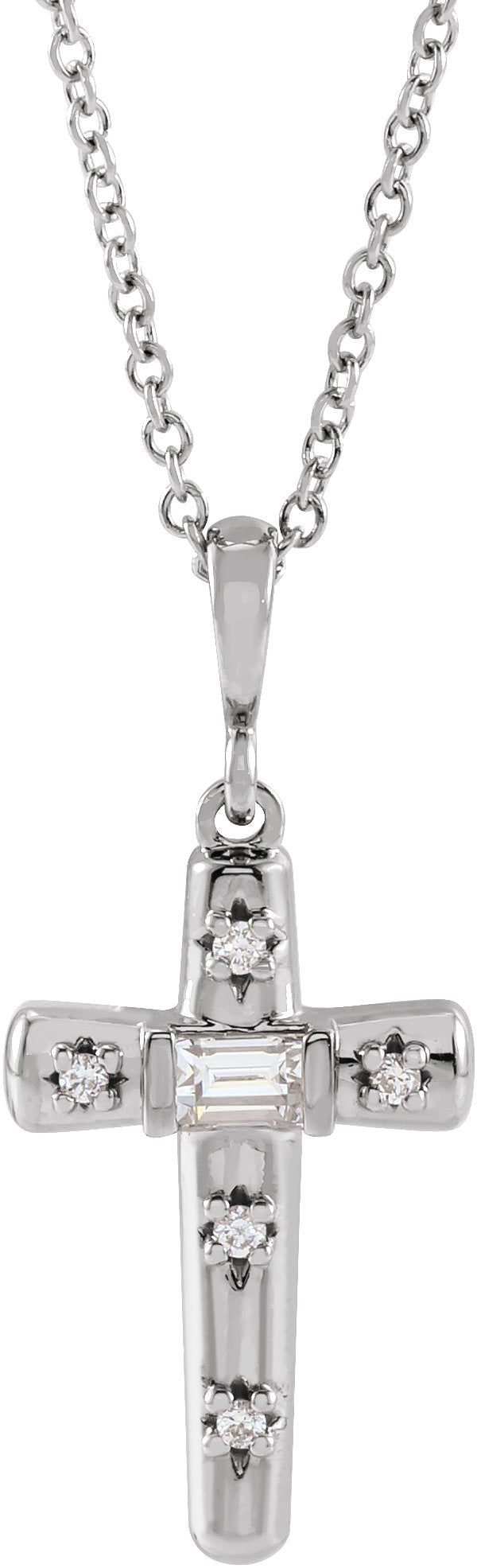 Platinum Straight Baguette Natural Diamond Accented Cross Necklace or Pendant