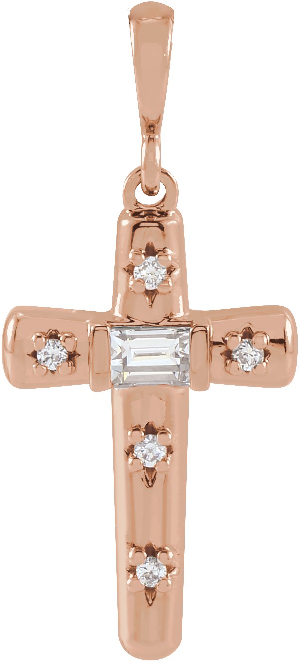 14K Gold Straight Baguette Natural Diamond Accented Cross Necklace or Pendant - Rose Gold