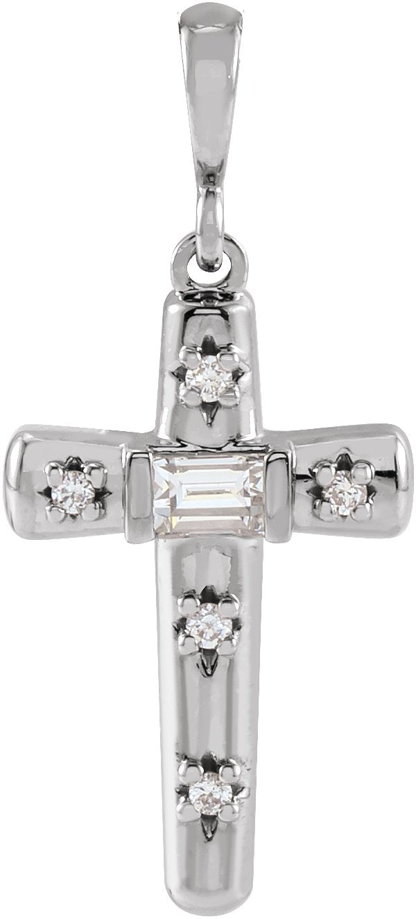 Platinum Straight Baguette Natural Diamond Accented Cross Necklace or Pendant