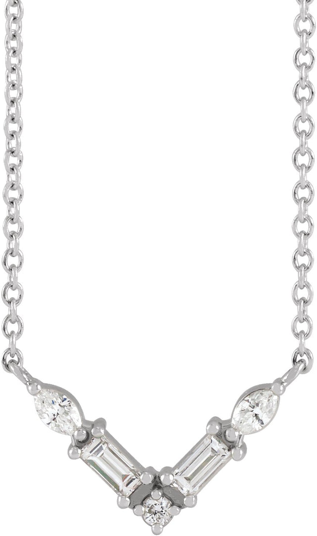 14K Gold Straight Baguette Natural Diamond Petite V Necklace - White Gold