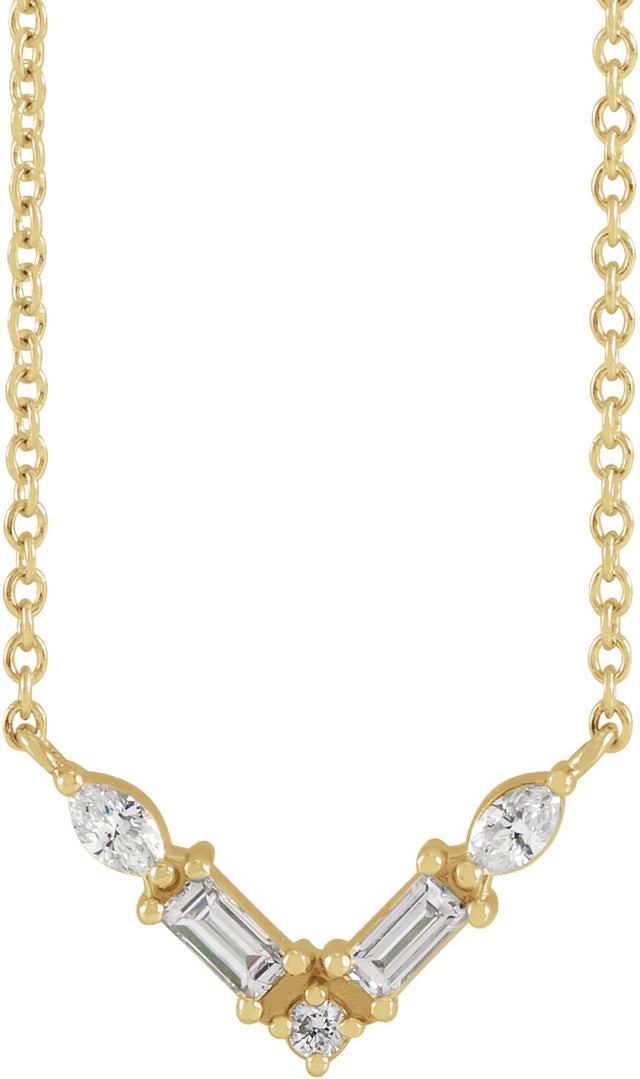 14K Gold Straight Baguette Natural Diamond Petite V Necklace - Yellow Gold