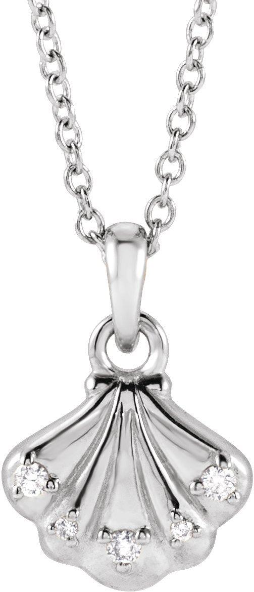 14K Gold Round Natural Diamond Seashell Necklace or Pendant - White Gold
