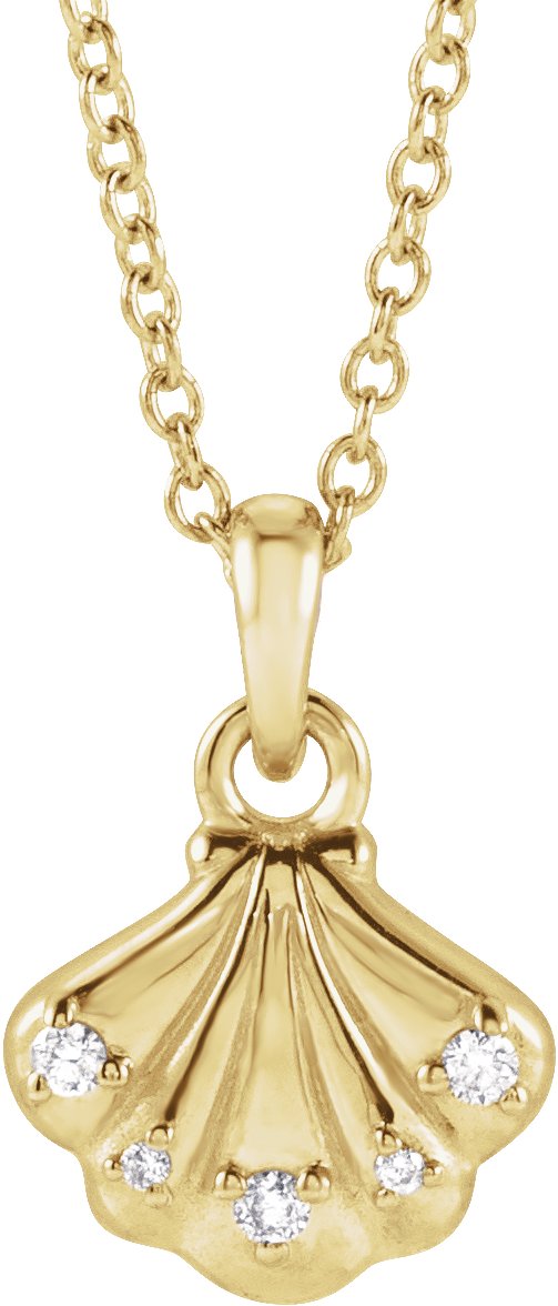 14K Gold Round Natural Diamond Seashell Necklace or Pendant - Yellow Gold