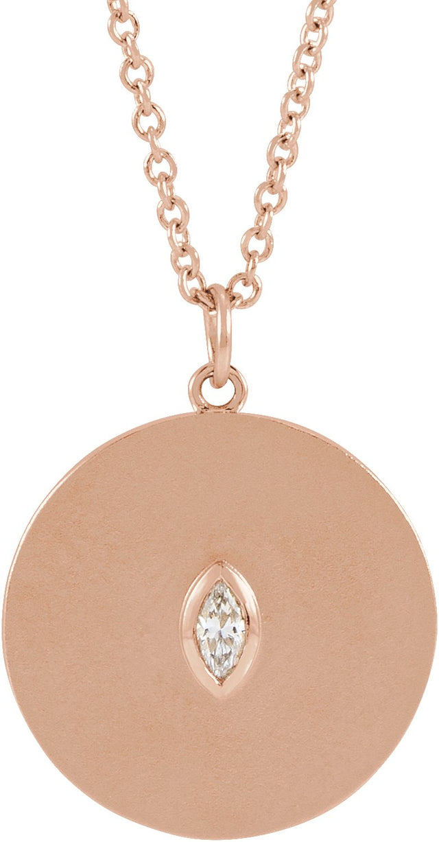 14K Gold Marquise Natural Diamond Accented Disc Necklace or Pendant - Rose Gold