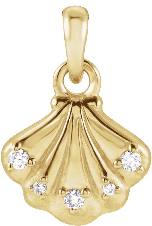 14K Gold Round Natural Diamond Seashell Necklace or Pendant - Yellow Gold