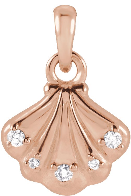 14K Gold Round Natural Diamond Seashell Necklace or Pendant - Rose Gold