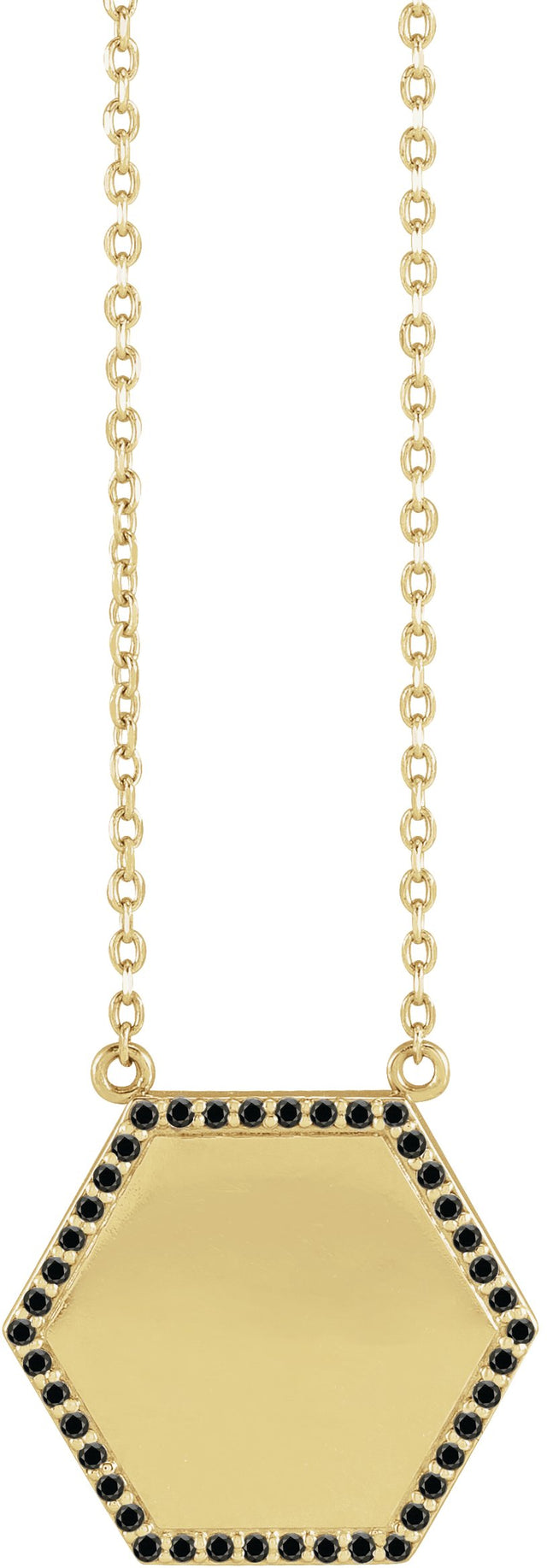 14K Gold Round Natural Black Diamond Engravable Hexagon Necklace - Yellow Gold