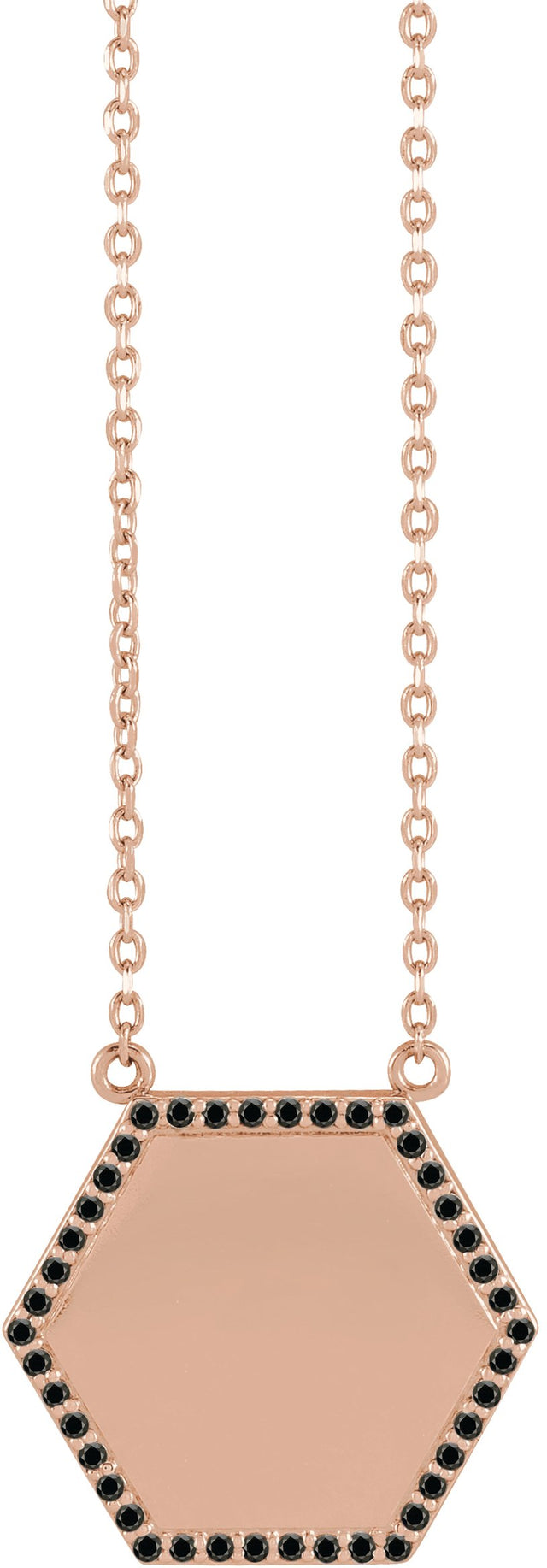 14K Gold Round Natural Black Diamond Engravable Hexagon Necklace - Rose Gold