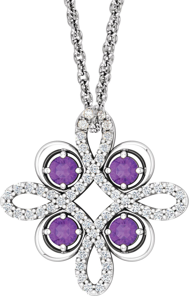 14K Gold Round Natural Amethyst Clover Necklace or Pendant - White Gold