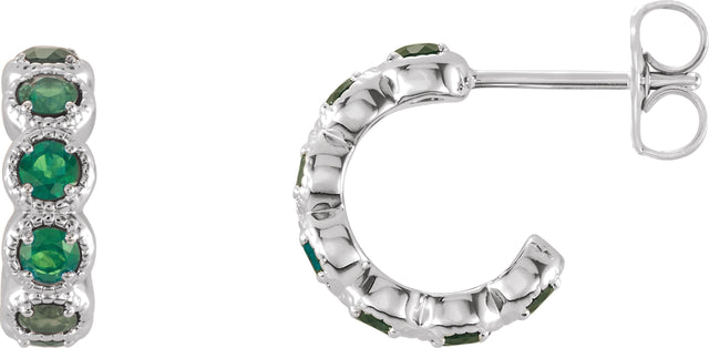 14K Gold Round Natural Emerald Accented Hoop Earrings - White Gold