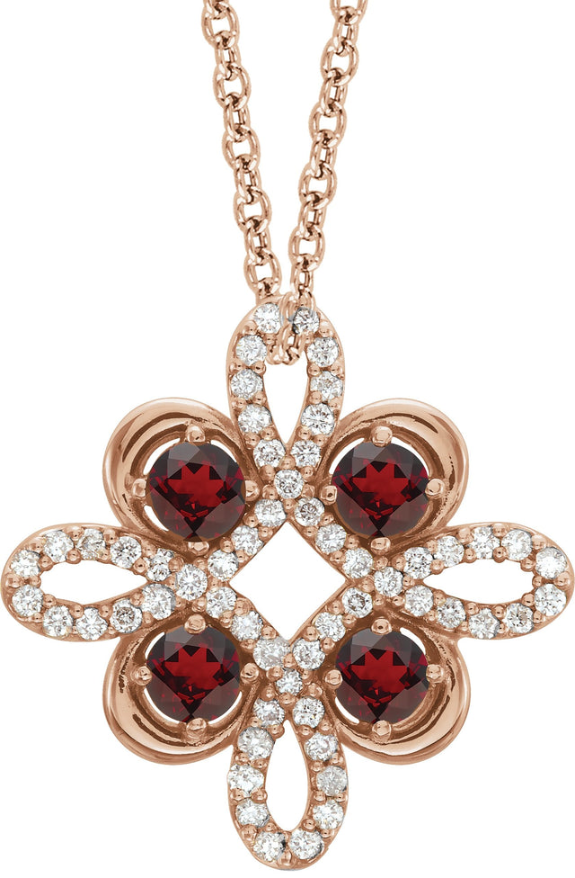 14K Gold Round Natural Mozambique Garnet Clover Necklace or Pendant - Rose Gold