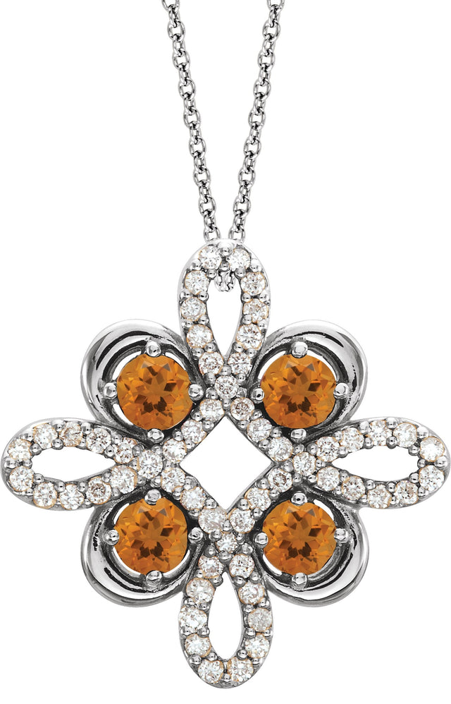 Platinum Round Natural Citrine Clover Necklace or Pendant
