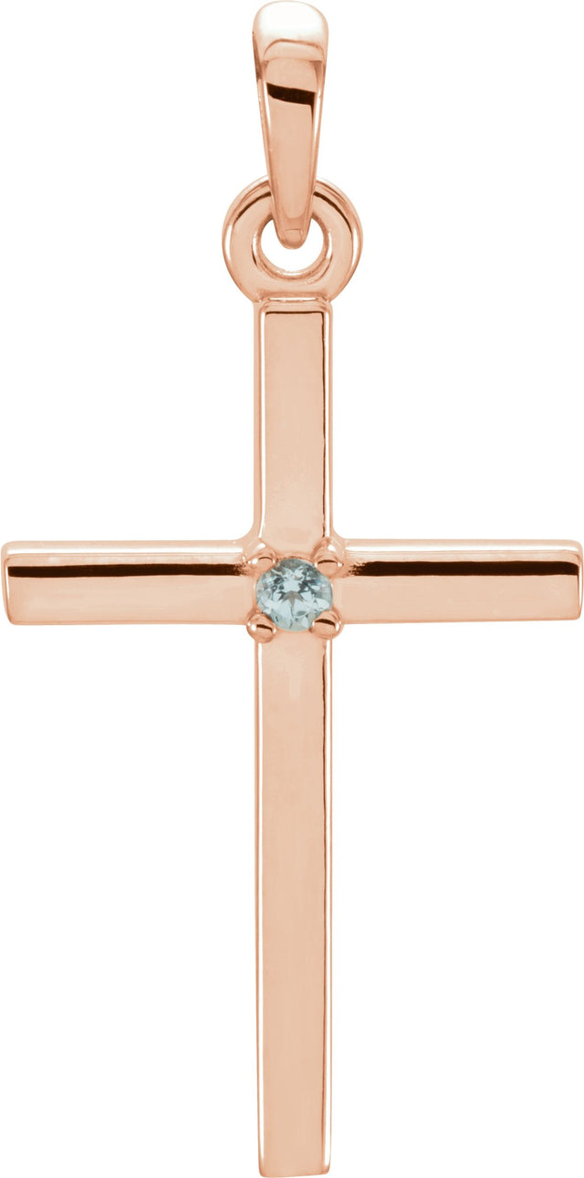 14K Gold Round Natural Blue Zircon Birthstone Cross Pendant - Rose Gold