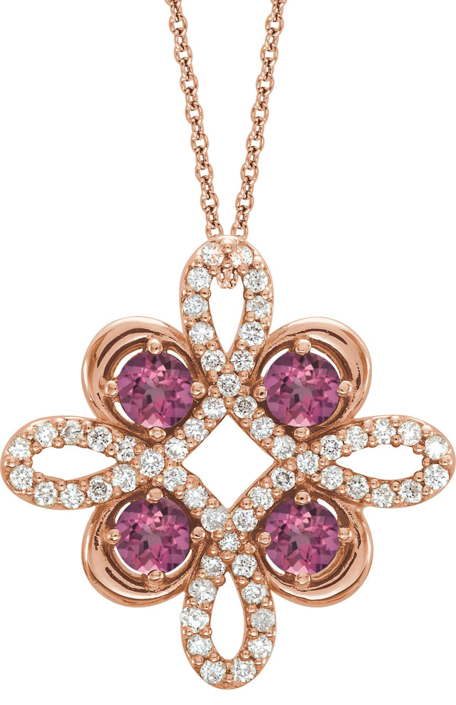 14K Gold Round Natural Pink Tourmaline Clover Necklace or Pendant - Rose Gold