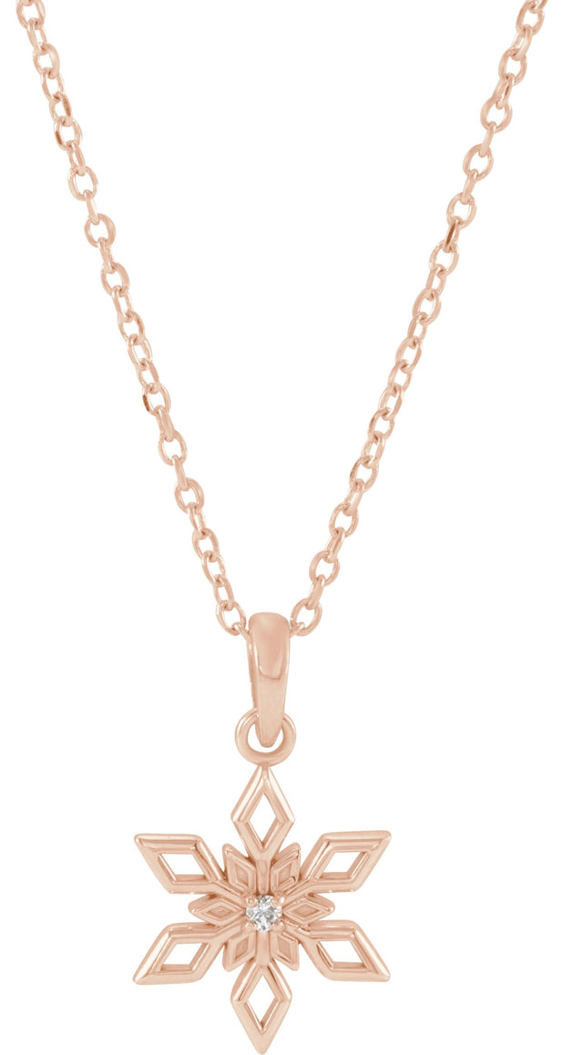 14K Gold Round Natural Diamond Snowflake Necklace or Pendant - Rose Gold
