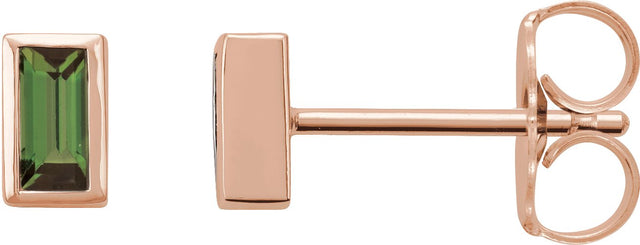14K Gold Natural Green Tourmaline Straight Baguette Bezel-Set Stud Earrings - Rose Gold