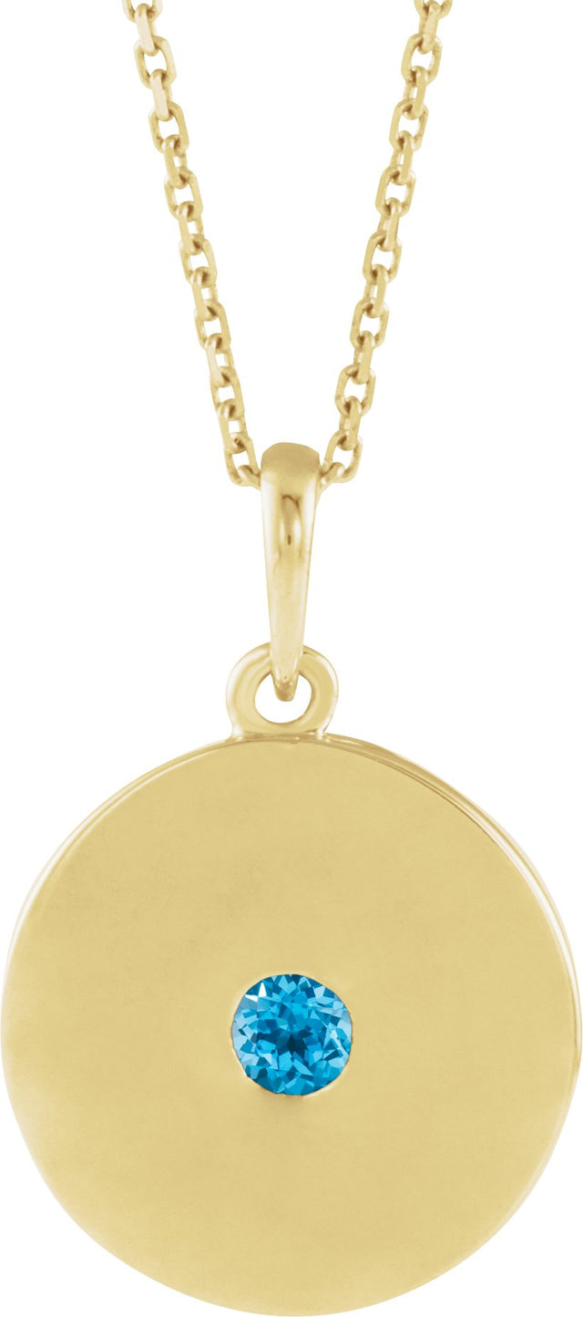 14K Gold Round Natural Swiss Blue Topaz Disc Necklace or Pendant - Yellow Gold