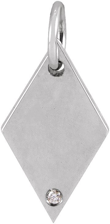 14K Gold Round Natural Diamond Engravable Rhombus Necklace or Pendant - White Gold
