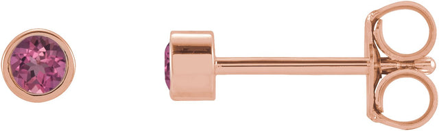 14K Gold Natural Pink Tourmaline Round Micro Bezel-Set Stud Earrings – 2-2.5mm Stones - Rose Gold