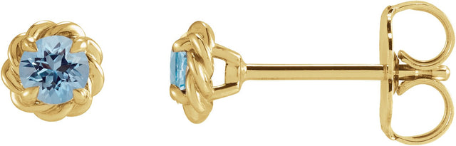 14K Gold Natural Aquamarine Round 4-Prong Claw Rope Stud Earrings - Yellow Gold