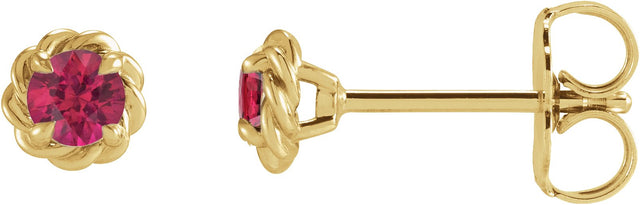 14K Gold Natural Ruby Round 4-Prong Claw Rope Stud Earrings - Yellow Gold