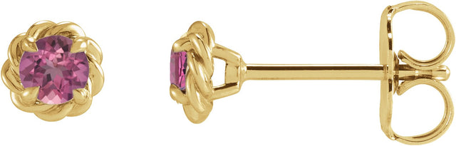 14K Gold Natural Pink Tourmaline Round 4-Prong Claw Rope Stud Earrings - Yellow Gold