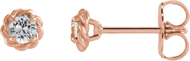 14K Gold Natural White Sapphire Round 4-Prong Claw Rope Stud Earrings - Rose Gold