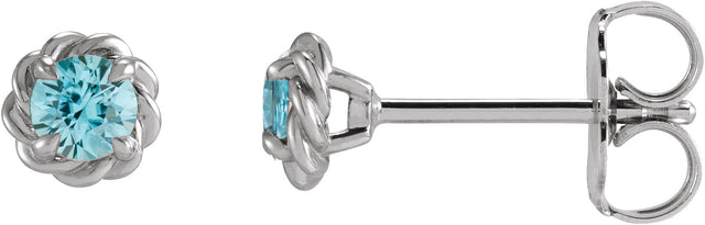 14K Gold Natural Blue Zircon Round 4-Prong Claw Rope Stud Earrings - White Gold
