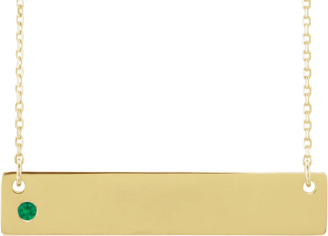 14K Gold Round Natural Emerald Engravable Family Bar Necklace - Yellow Gold