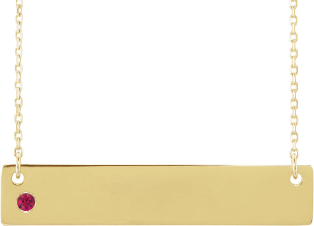 14K Gold Round Natural Ruby Engravable Family Bar Necklace - Yellow Gold