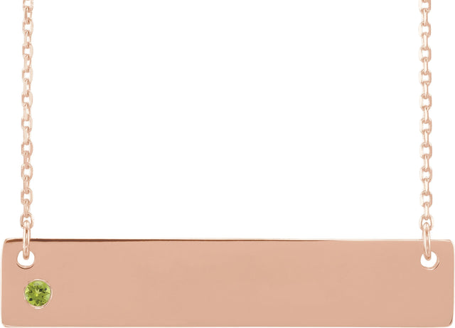 14K Gold Round Natural Peridot Engravable Family Bar Necklace - Rose Gold