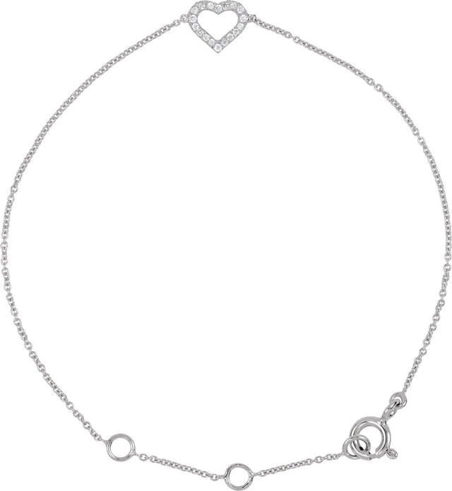 14K Gold Round Natural Diamond Heart Bracelet - White Gold