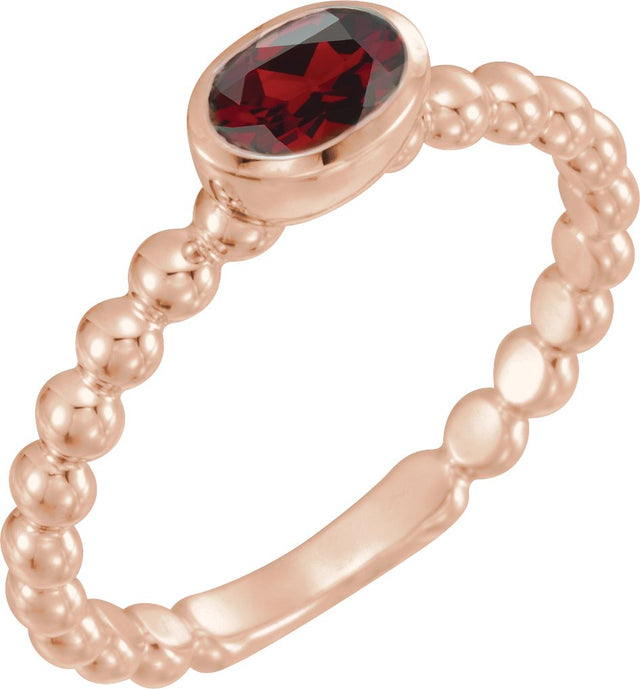14K Gold Oval Natural Mozambique Garnet Family Beaded Stackable Ring - Rose Gold