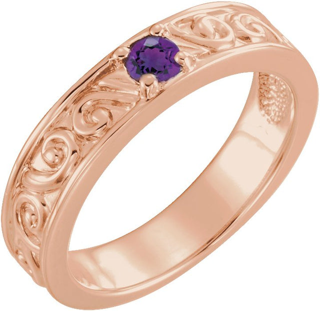 14K Gold Round Natural Amethyst Family Stackable Ring – 4mm Stones - Rose Gold