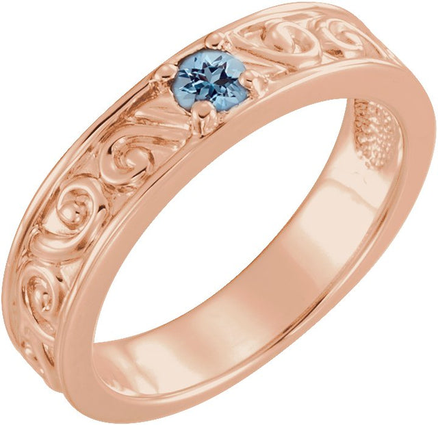 14K Gold Round Natural Aquamarine Family Stackable Ring – 4mm Stones - Rose Gold