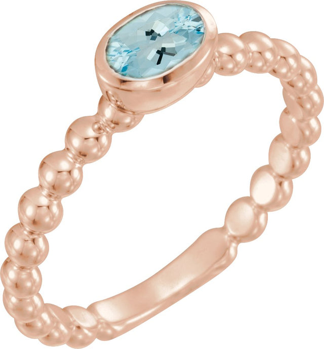 14K Gold Oval Natural Aquamarine Family Beaded Stackable Ring - Rose Gold