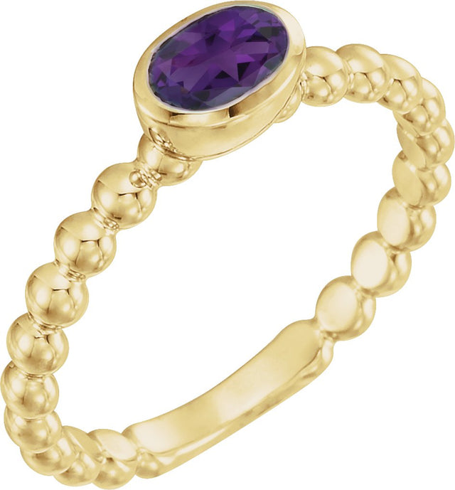 14K Gold Oval Natural Amethyst Family Beaded Stackable Ring - Yellow Gold