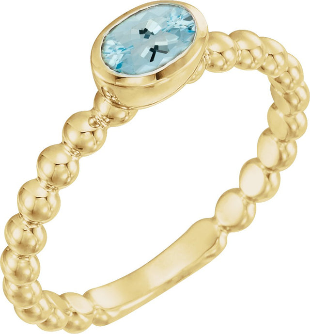 14K Gold Oval Natural Aquamarine Family Beaded Stackable Ring - Yellow Gold