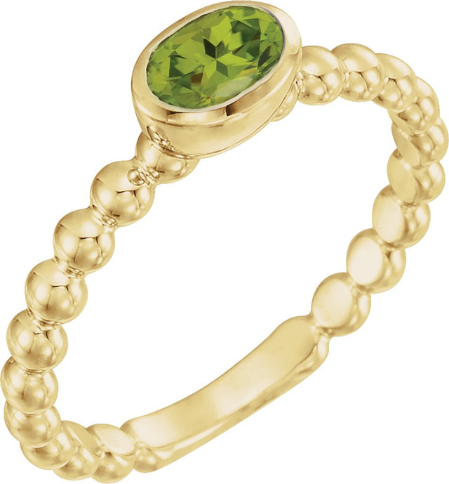 14K Gold Oval Natural Peridot Family Beaded Stackable Ring - Yellow Gold
