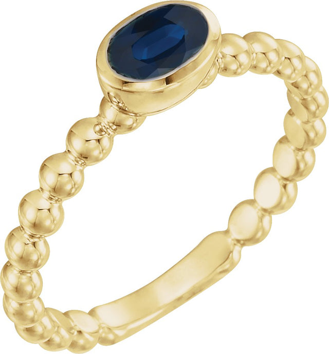 14K Gold Oval Natural Blue Sapphire Family Beaded Stackable Ring - Yellow Gold